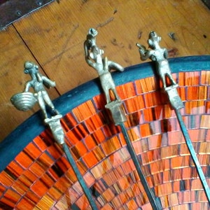 Long meat skewers - Trio of wonderful vintage steel and bronzed metal decorative meat skewers - bbq, grill, kebab skewers