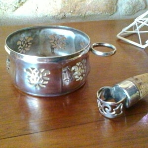 Vintage French decorative metal bottle coaster and cork