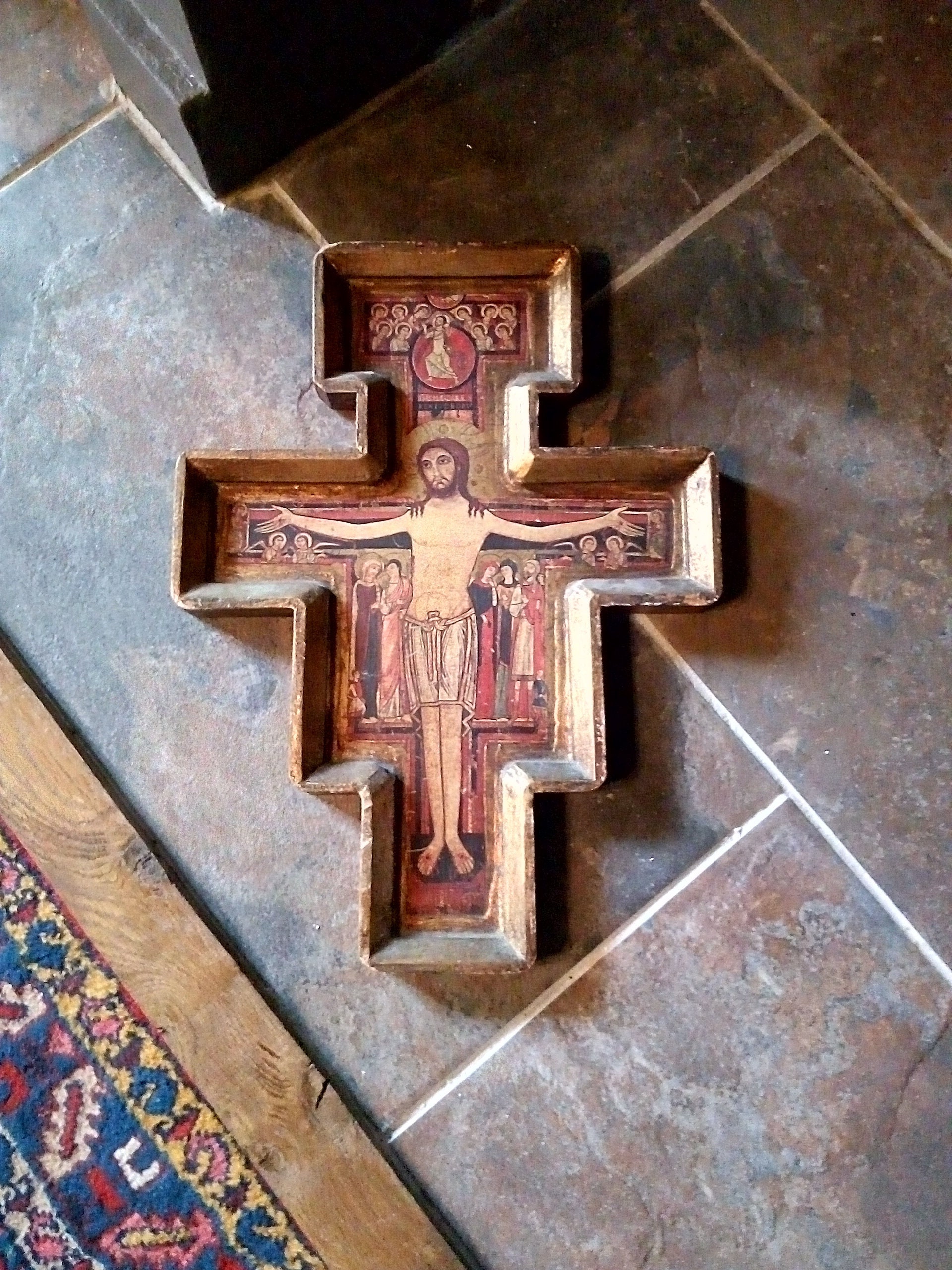 Beau Crucifix en Bois Vintage Français de 42 cm - Icône Doré Tenture Murale -3D