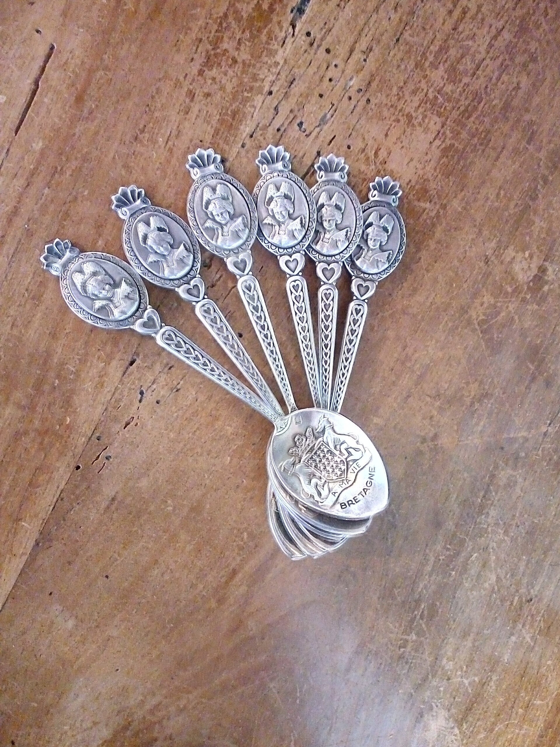 Six Cuillères à Café - Bretagne Ma Vie Vintage Français Ensemble de 6 Thé/Café Assiette d'argent, Cœ