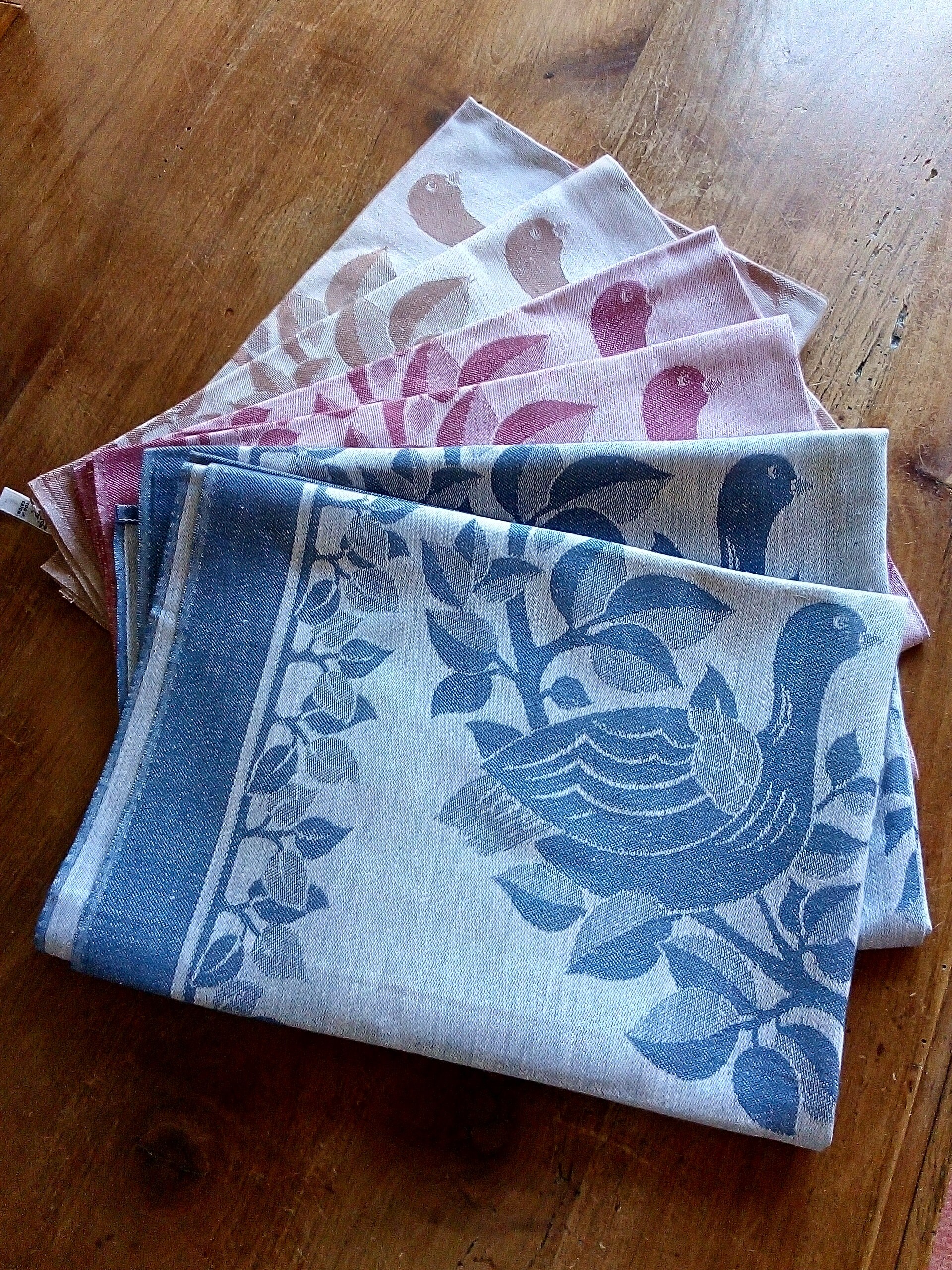 Six Grands Torchons, Ensemble de Serviettes Thé Assez Vintage Mais Inutilisées, Oiseaux, 100% Coton,