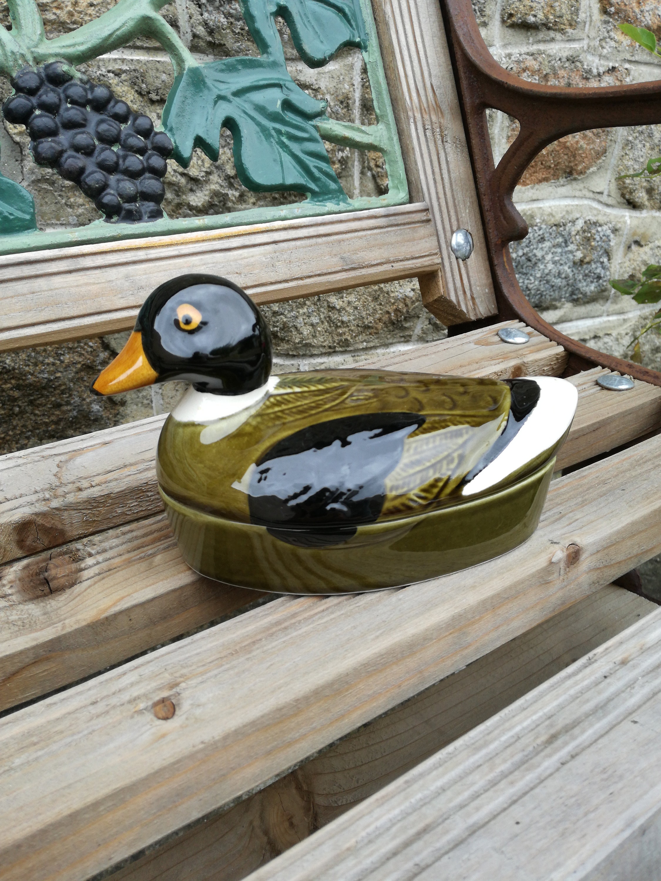 Petite Terrine de Canard Vert Kaki et Noir - Français Émaillée Michel Caugant Millésimée