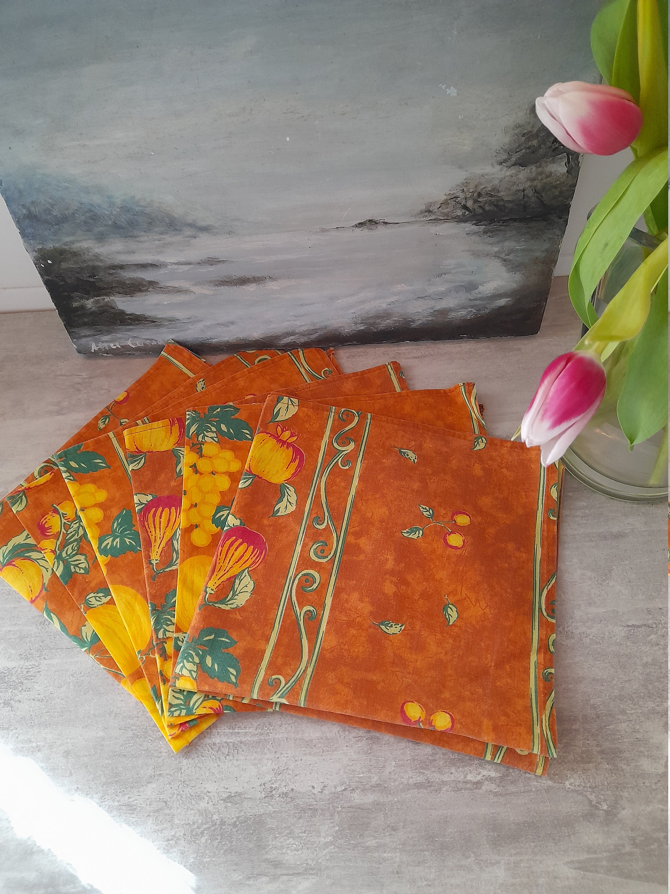 Lot de 6 Serviettes - Serviettes en Poly Coton Provençal Tissu Français 40 cm Carré Env, Terre Cuite