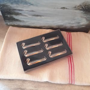 Op de afbeelding: Een set van zes zilverkleurige eendvormige servetringen in een zwarte doos. De servetringen worden gepresenteerd op een lichtgekleurde linnen doek met rode strepen. Op de achtergrond is een olieverfschilderij van een zeegezicht te zien.
