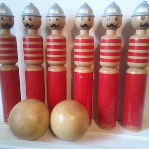 Skittles, solid wooden French quilles game in box, firemen, pompiers, wooden skittles with two balls, painted wood