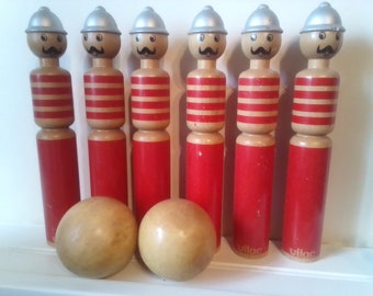 Skittles, solid wooden French quilles game in box, firemen, pompiers, wooden skittles with two balls, painted wood