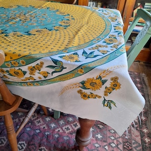 Unhemmed tablecloth, sunflowers - vintage French provençal cloth  -  new vintage heavier weight - yellow ochre, cream, green,textured,round