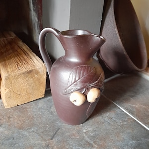 Hand made rustic cider jug - Turgis, 1 litre pichet - French vintage pottery pitcher, Calvados Normandy, barbotine apples and leaves