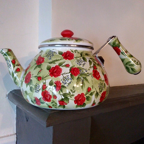 Pretty enamel kettle - vintage enamelware - kettle with red rose design - bought in France