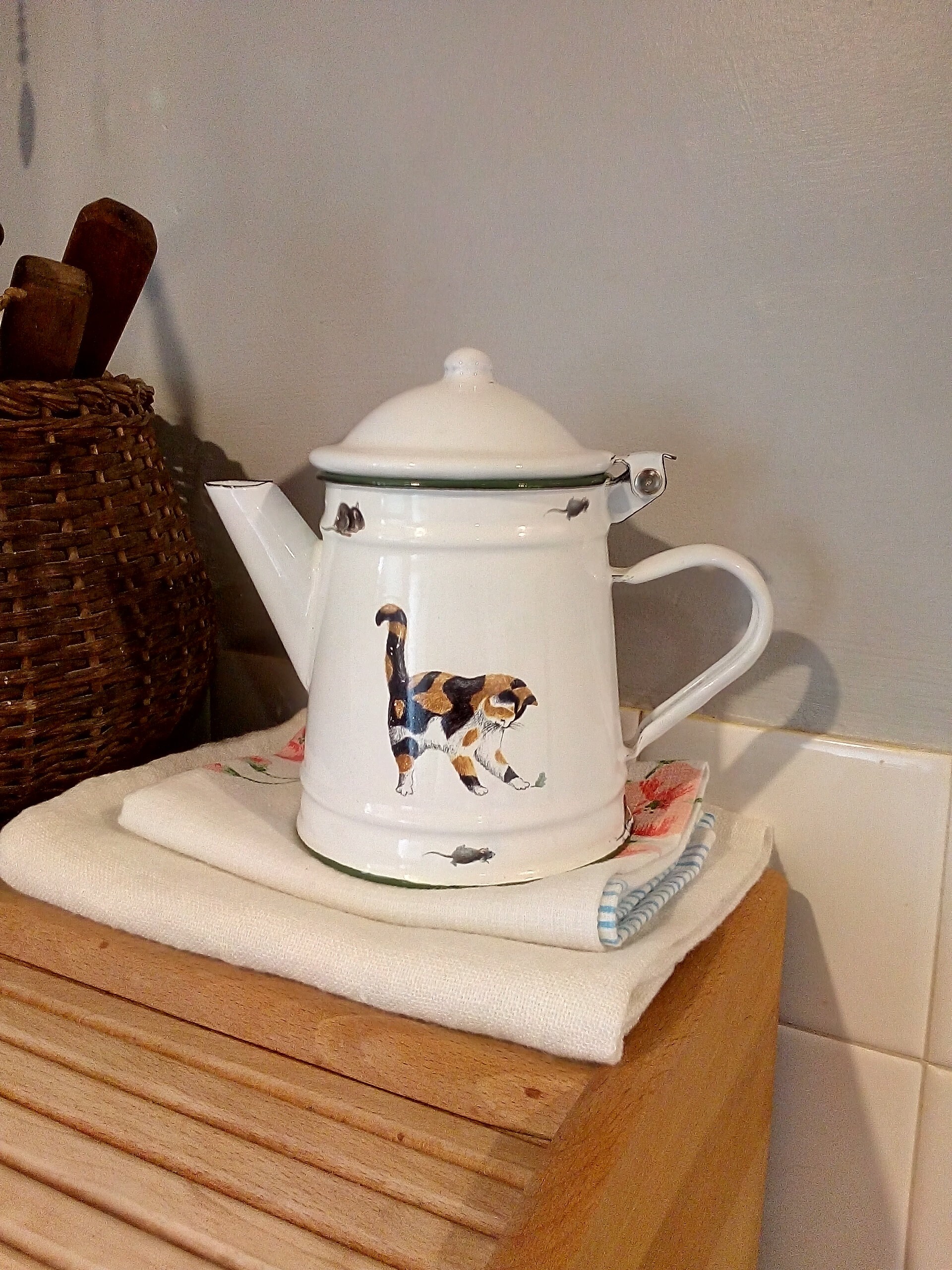 Cafetière en Émail de Chat - Cafetière Métal d'émail Vintage Décoration Cuisine Théière, Chats et So