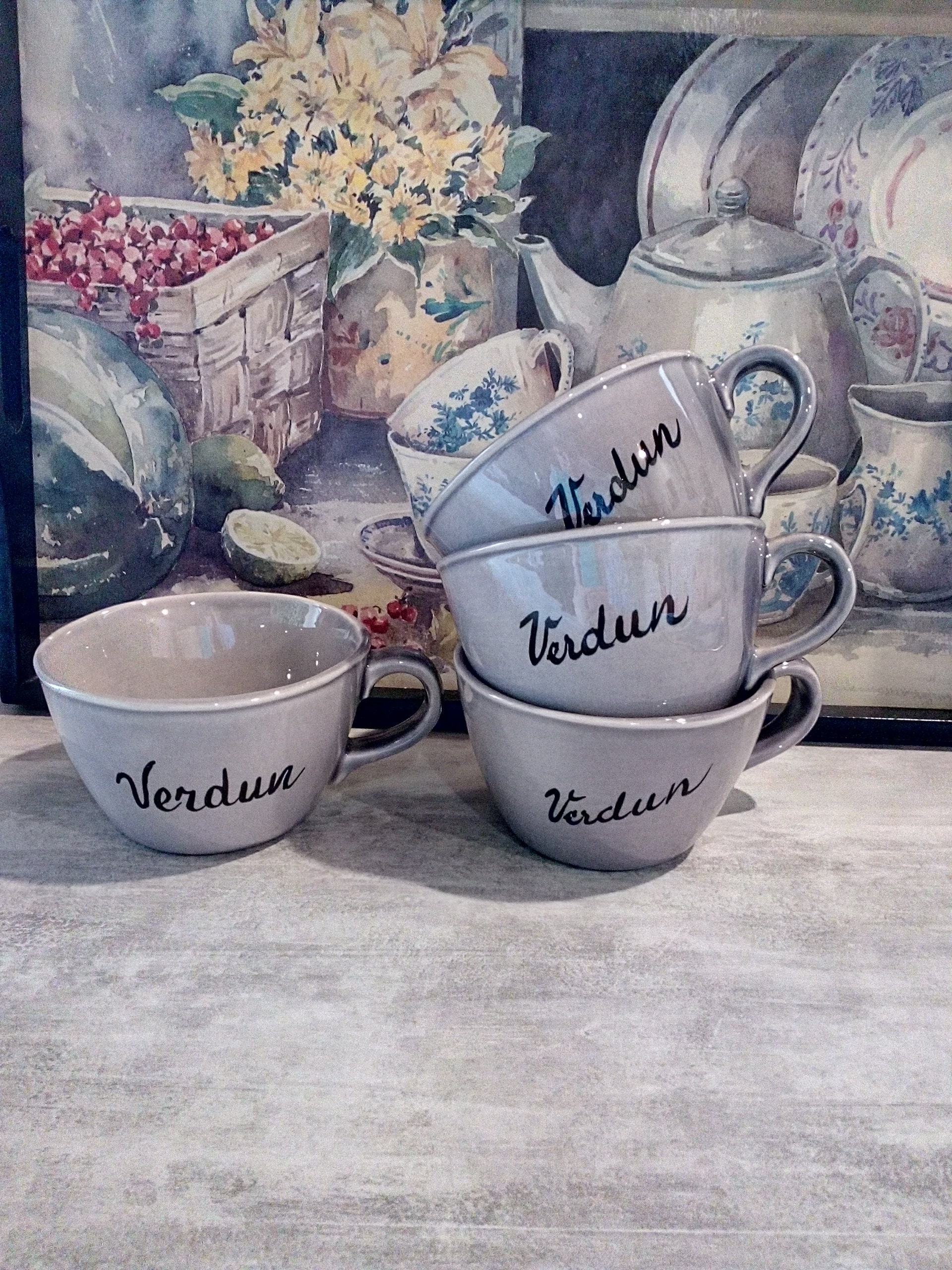 Belle Crue Français Café ou Tasses à Thé - Verdun Ensemble de Quatre, Gris Ww1 Bataille