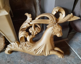 Old wooden chimère carving, pediment - fronton - chimera, French carved and painted decor - lovely vintage wood carving