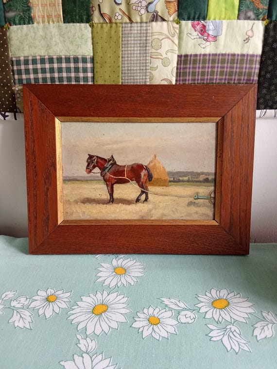 Normandy horse, pretty framed oil painting, working horse, end 19th century, countryside farm, haystack - unglazed, wood board, wooden frame