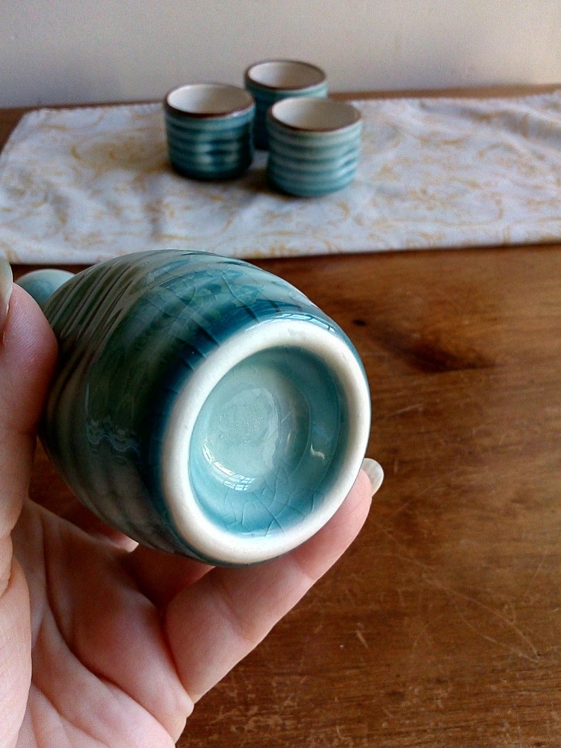 greeny blue liqueur set pretty crackle- glazed small ceramic pourer and three cups Sak\u00e9 set