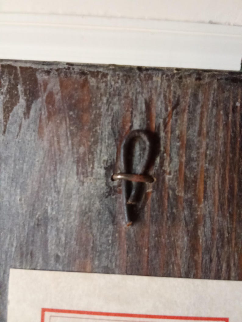 May include: A dark brown, weathered wooden surface featuring a vertical grain pattern. A small, dark, U-shaped metal wire loop is embedded into the center of the wood, serving as a fastener or hanging mechanism. The wood shows signs of age and wear.