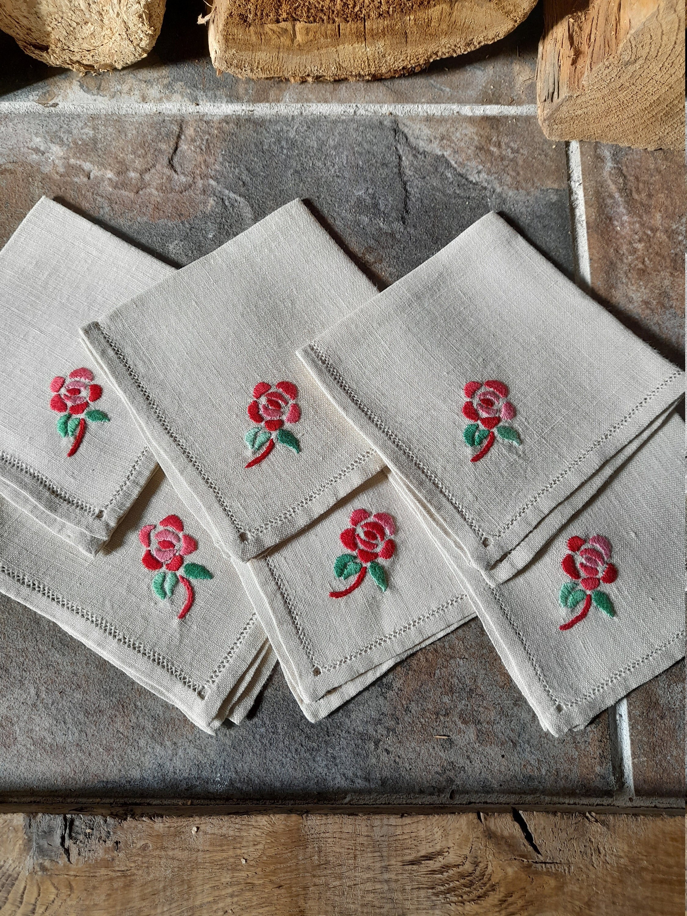 Bel Ensemble de 6 Petites Serviettes Florales Vintage - Français Coton Brodé à La Main Écru, Naturel