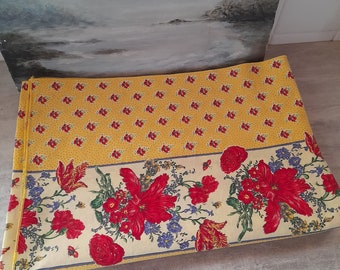 Mooi gestreept Provençaals tafelkleed - Frans katoenen doek - 290 X 134 cm - gele, rode bloemen, stof, Vent du Sud