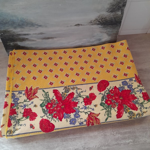 Pretty striped Provençal tablecoth  -  French cotton cloth - 290 X 134 cm -  yellow, red flowers, fabric, Vent du Sud