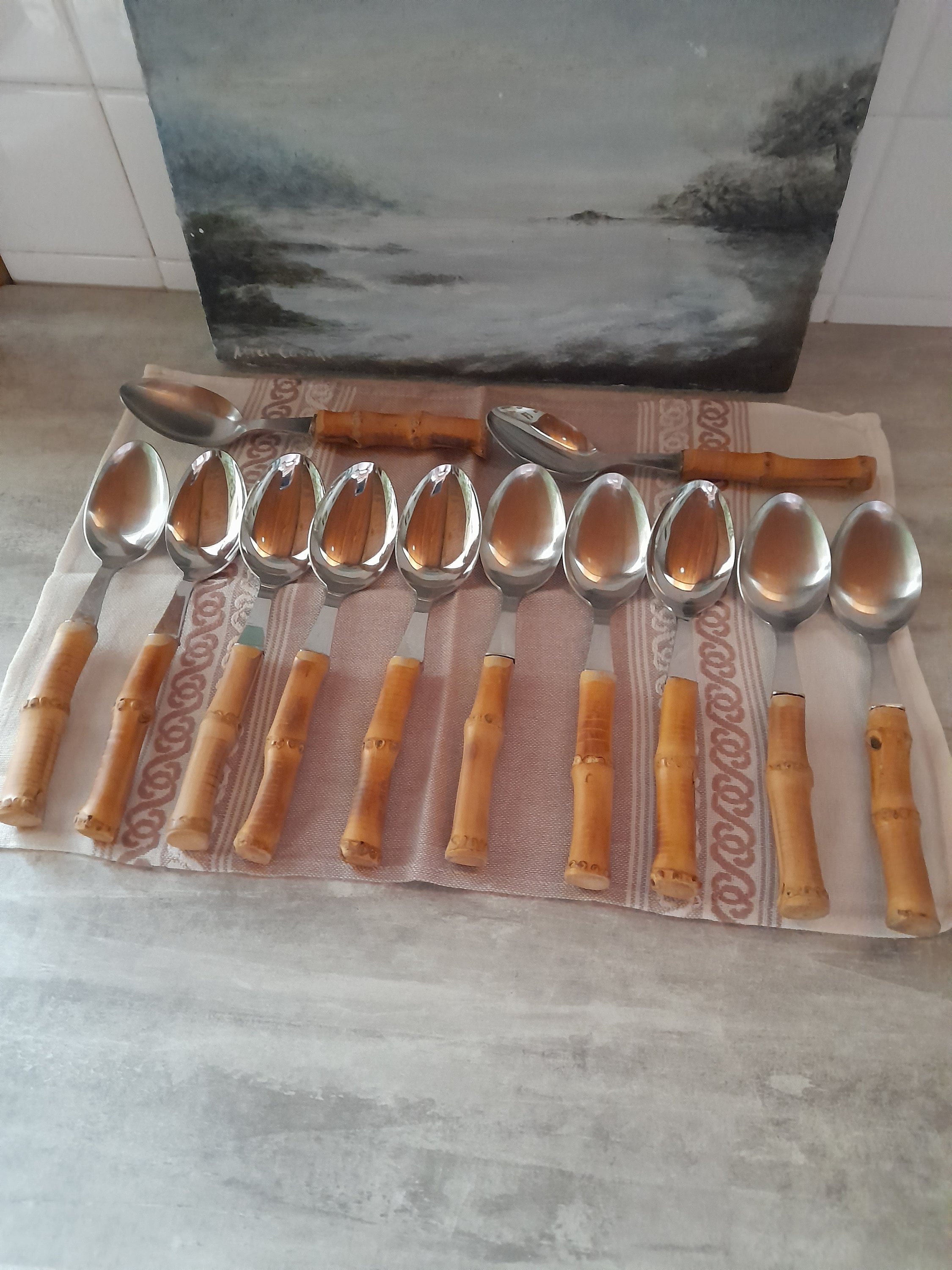 かわいい竹製カトラリーセット - ステンレススチール製、竹製ハンドル