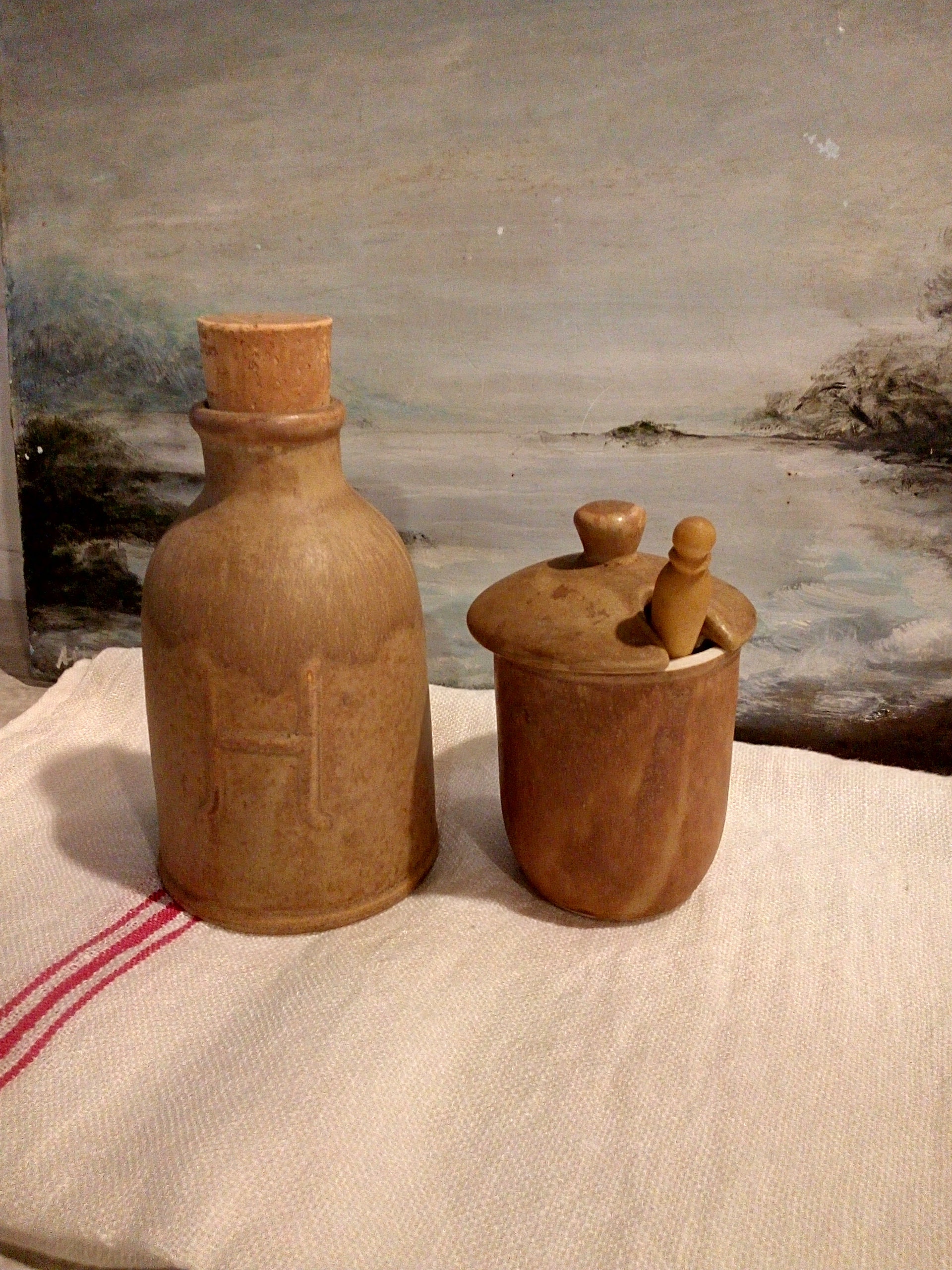 pot de moutarde et pot d'huile - deux petits pots grès bruns avec leurs couvercles français
