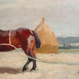 May include: Oil painting of a brown horse pulling a rope, with a haystack in the background. The horse is the focal point, with detailed brushstrokes capturing its form. The scene is set in a field under a cloudy sky, evoking a rural atmosphere.