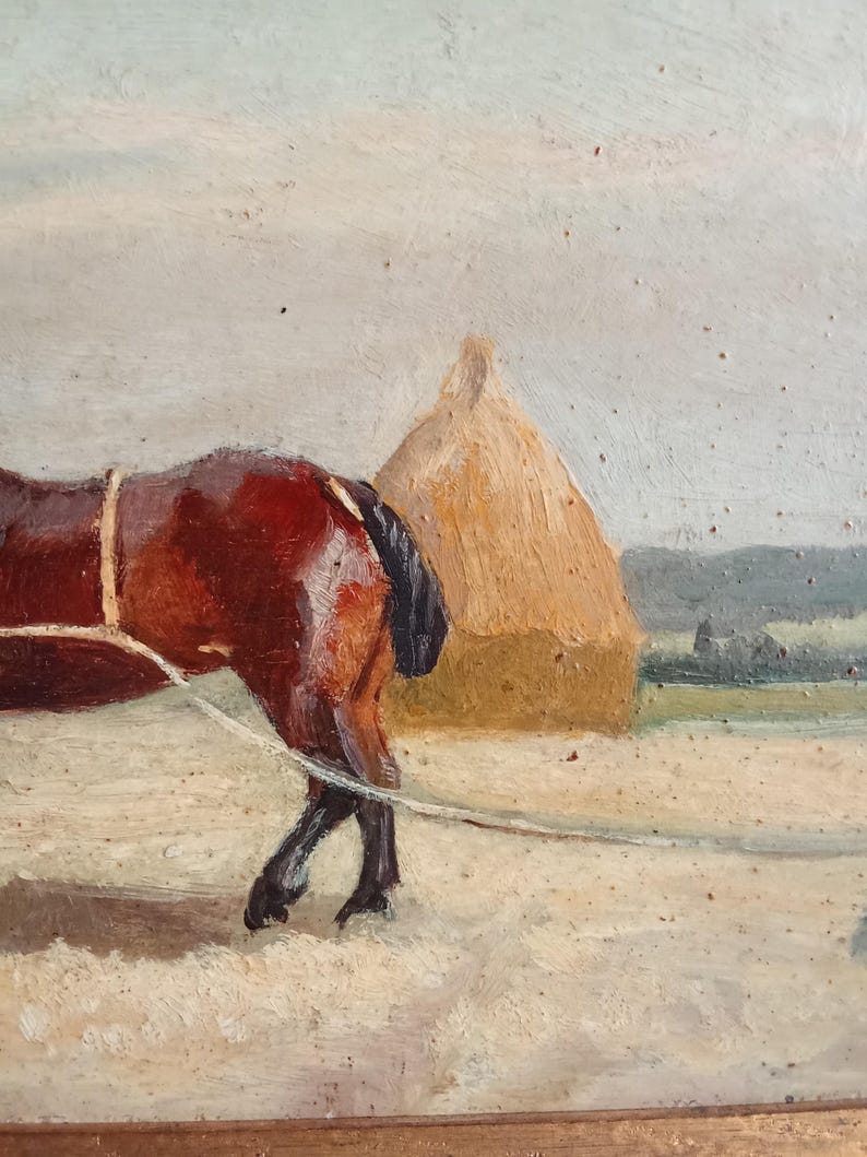 May include: Oil painting of a brown horse pulling a rope, with a haystack in the background. The horse is the focal point, with detailed brushstrokes capturing its form. The scene is set in a field under a cloudy sky, evoking a rural atmosphere.