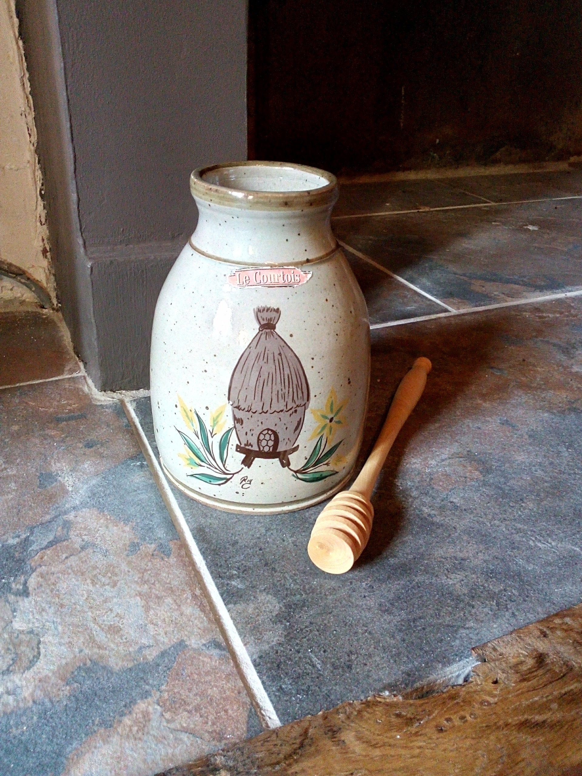 Grand Pot de Miel Sucré - Français Poterie Vintage avec Un Nouveau Tourbillon en Bois Corse Grès Sig