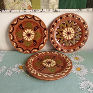 May include: Three decorative ceramic plates with floral designs. The plates are brown with green, white, and black accents. The plates are arranged on a light blue surface with a floral pattern.