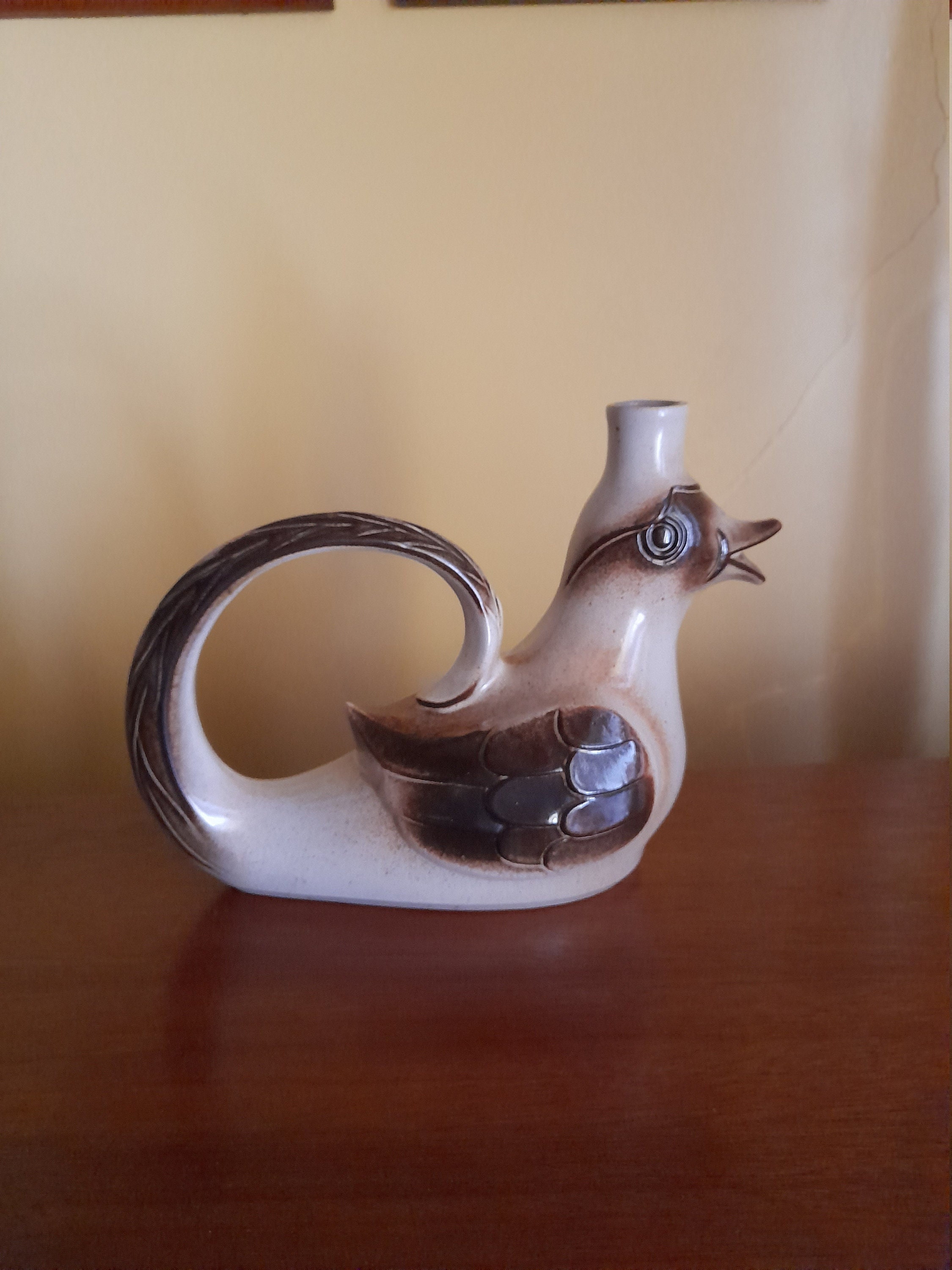Gerzit Bird Jug/Pitcher - 1960S Allemagne Pichet Grès Vintage, Oiseau Stylisé, Décoré, Huile, Carafe