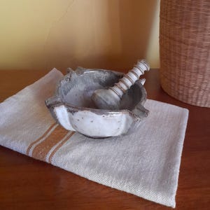 Beautiful glazed pottery pestle and mortar - French vintage set, grey, hand made