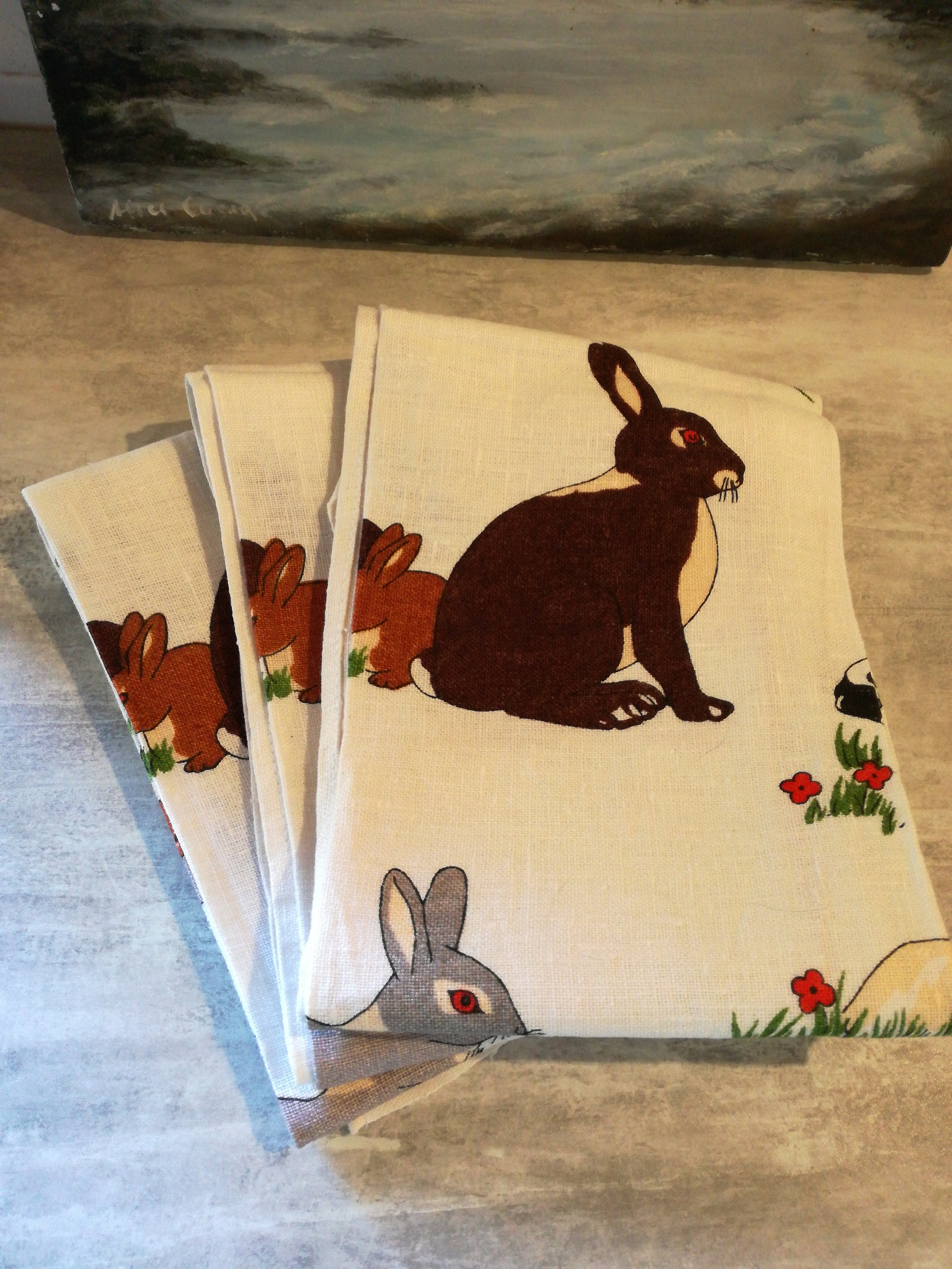 Un Joli Trio de Torchons Vintage, Torchon, Lapin, Lapin - Linge avec Boucles Suspendues