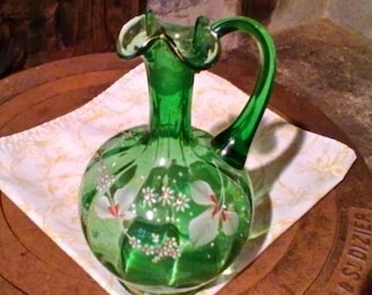 Very prettily enamelled small green glass carafe - vintage French glass