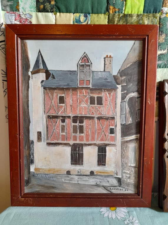 フランスの街の風景、キャンバスに描かれたビンテージの油絵、額入り