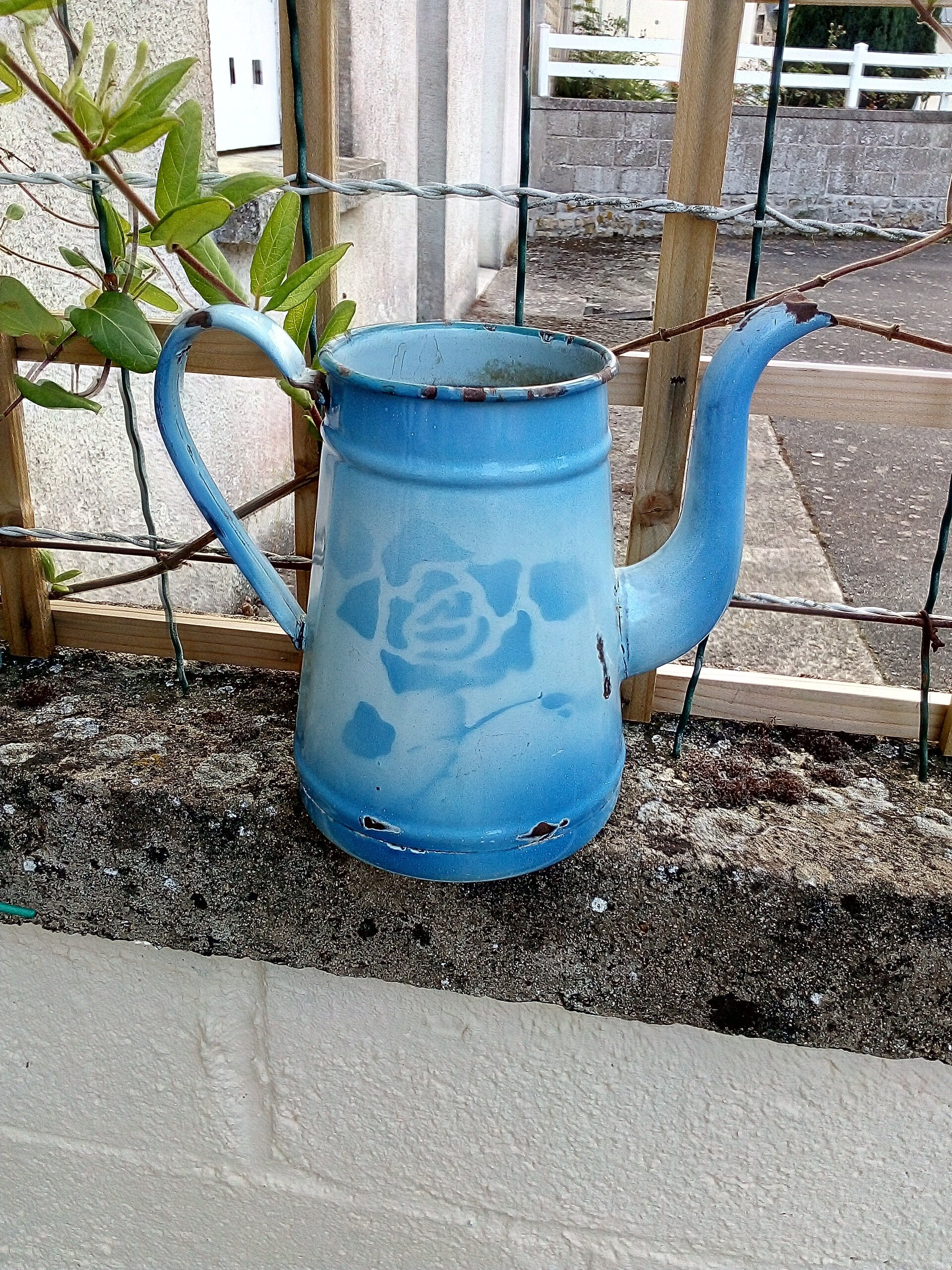 Vieux Français Cafetiere Émaillée - Floral Bleu, Sans Couvercle Cuisine Vintage ou Décor de Jardin S