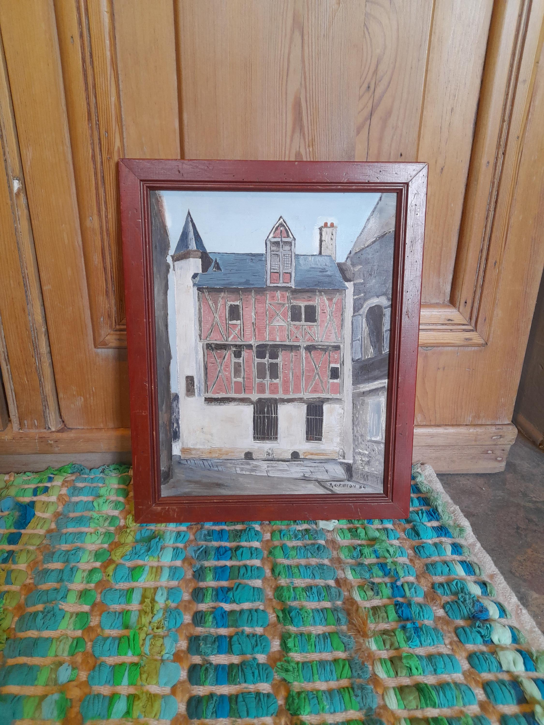 フランスの街の風景、キャンバスに描かれたビンテージの油絵、額入り