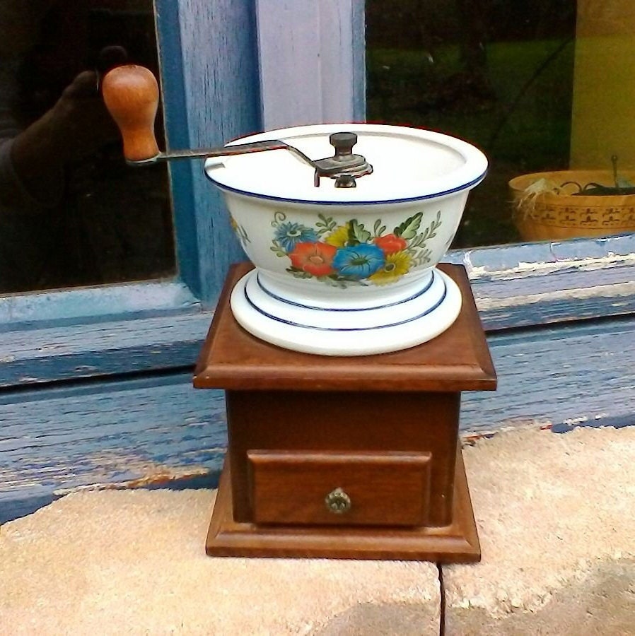 Moulin à Café en Céramique Bois et Floral Très Joli Français