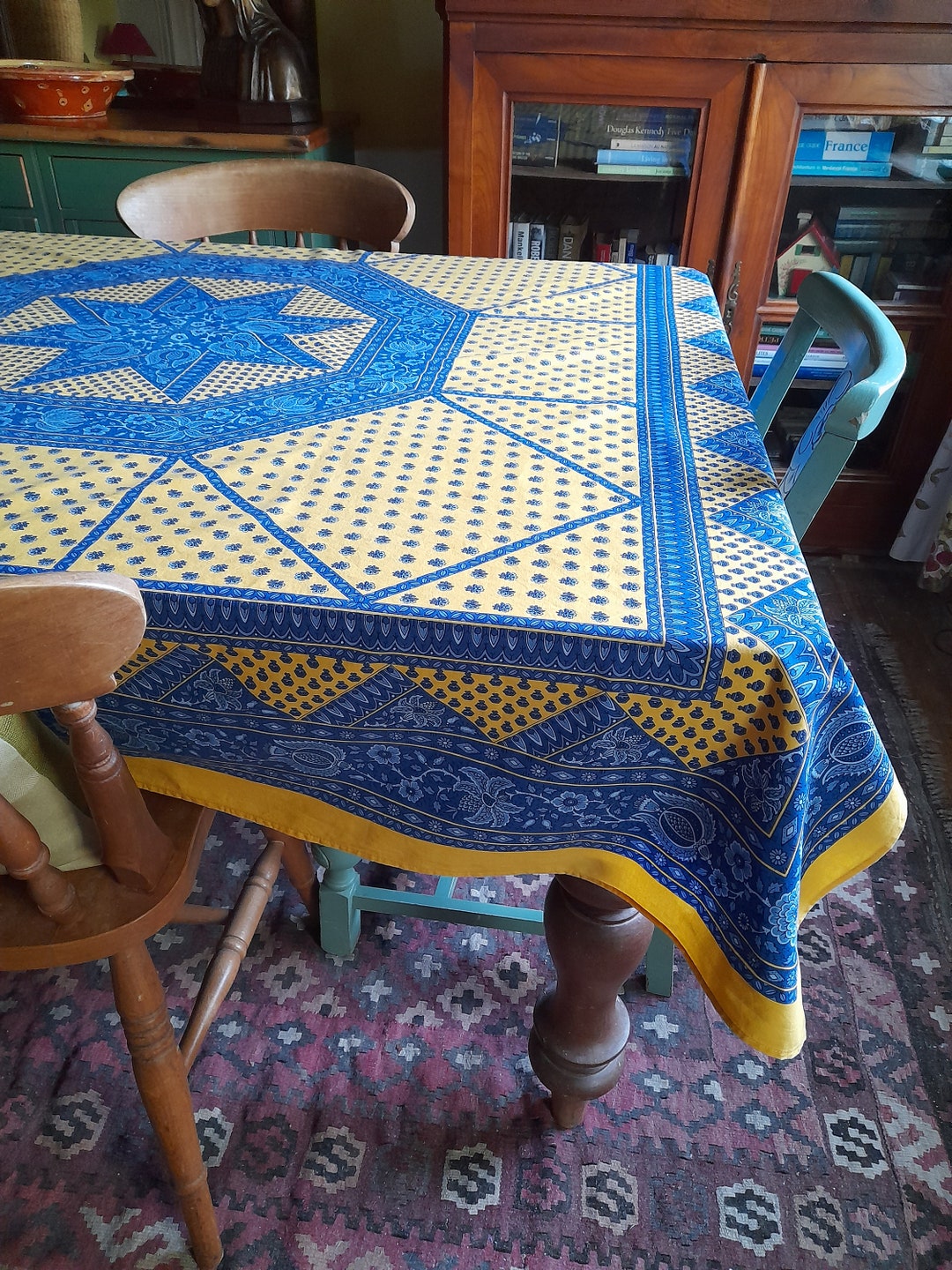 Provencal Large Square Tablecloth 170 Cm Square Provençal Cotton Cloth French Yellow Ochre, Blue