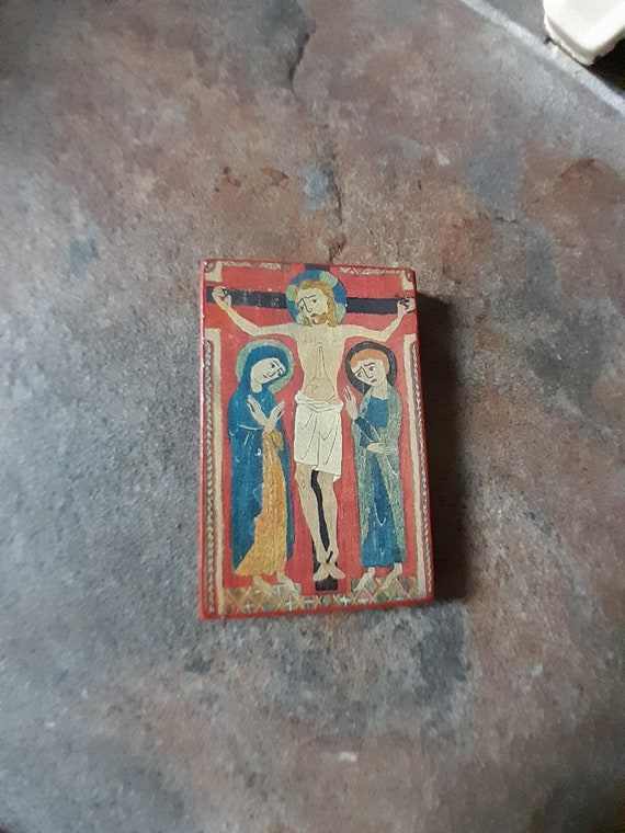 Small Crucifixion icon, vintage icon - religious scene, paper copy on wood, "the crucifixion" from the petites sœurs de Jesus, Jerusalem