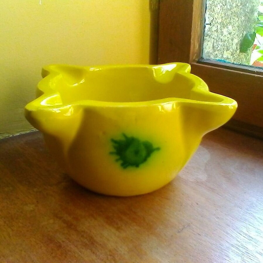 Beau Mortier de Poterie Émaillée Vert Jauny-Français Vintage