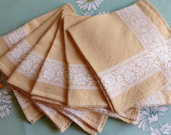 Zestaw 6 francuskich serwetek lnianych w stylu vintage - serviettes de table, musztardowo-biały