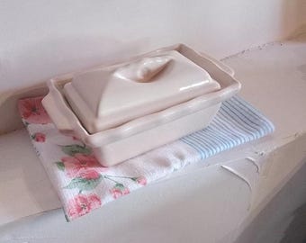 Französische Vintage Terrinenschüssel mit Deckel - Beige glasierte Keramik