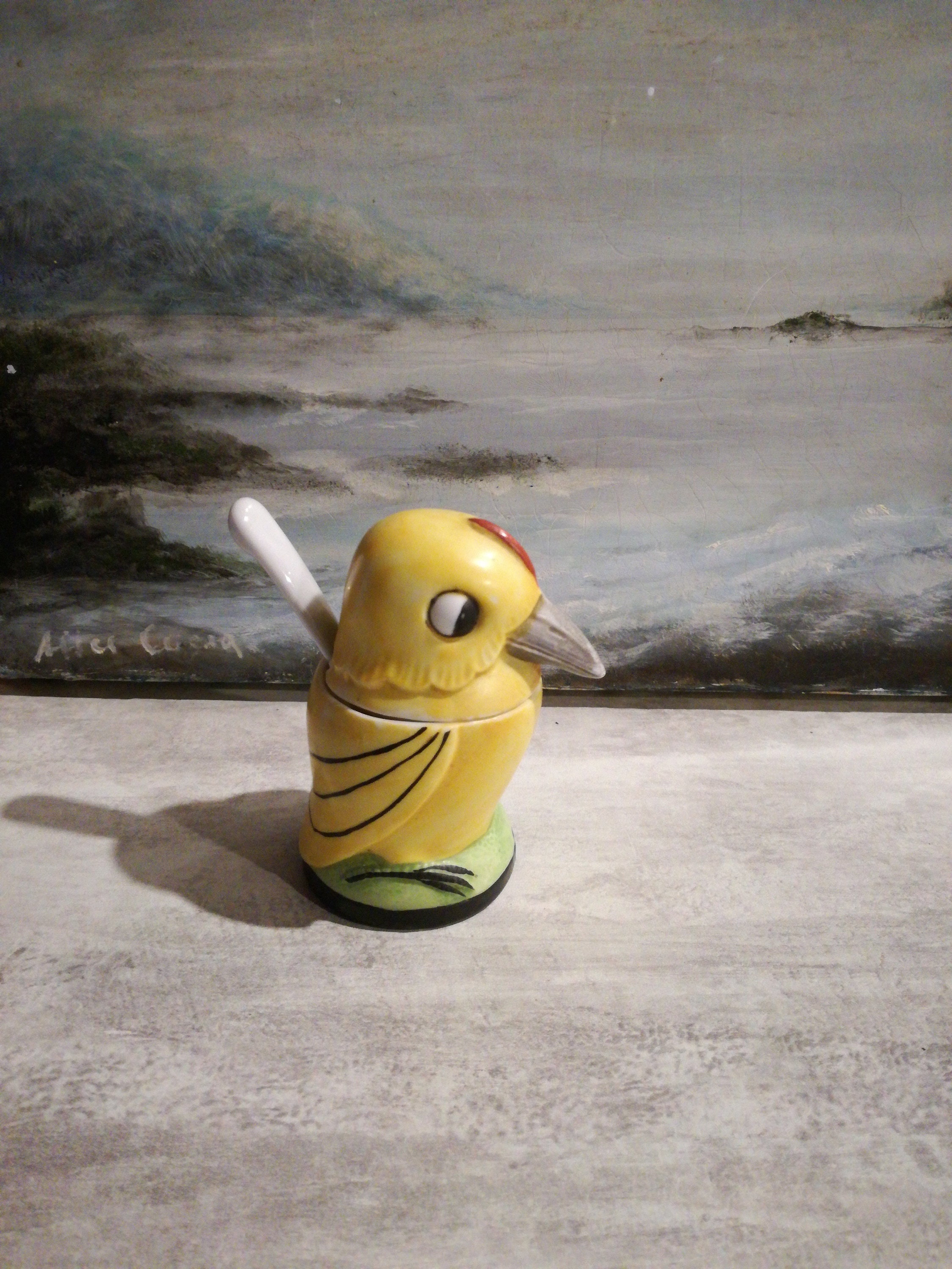 Pot à Moutarde Poussin Vintage - Pot Couvercle avec Cuillère Biscuit Porcelaine, Canetet