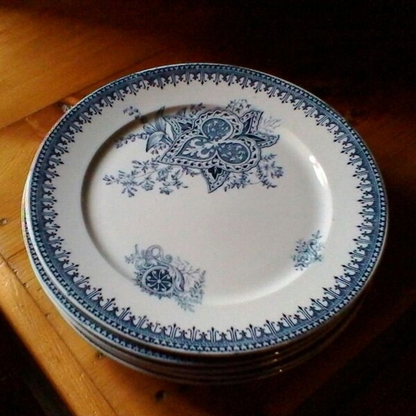 Six beautiful blue dessert or Tea Plates -  Vintage French terre de fer plates - 19th century