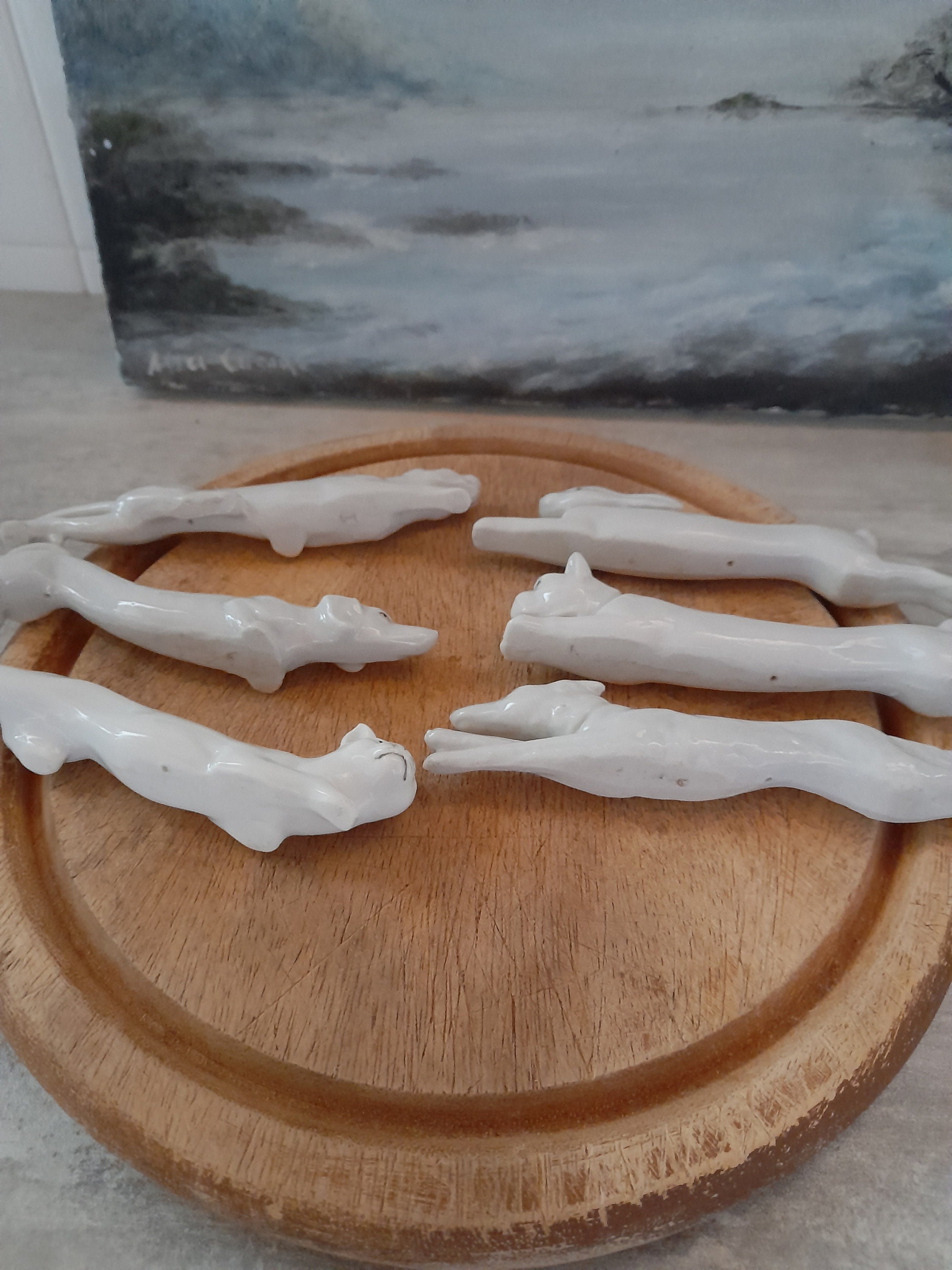 Porte-couteaux Ancien Porcelaine Lapin - 12 Pièces - Art Déco Blanc France Années 1920-1940
