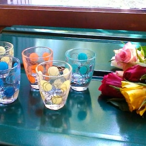 Five beautiful French vintage liqueur glasses decorated with enamel and gold designs