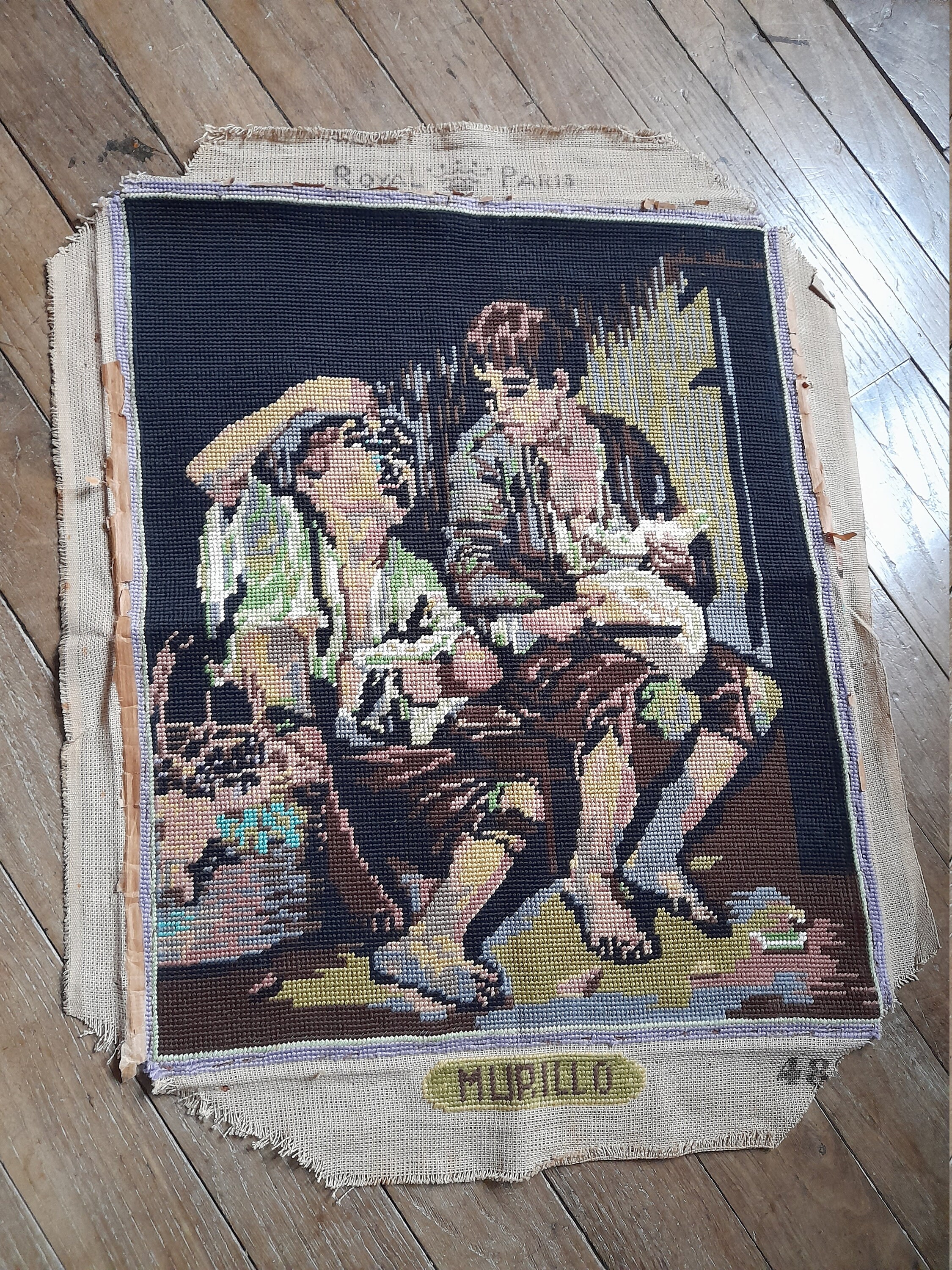 Panneau de Tapisserie Vintage Français Fait à La Main, Murillo's Children Mangeant Des Raisins et Un