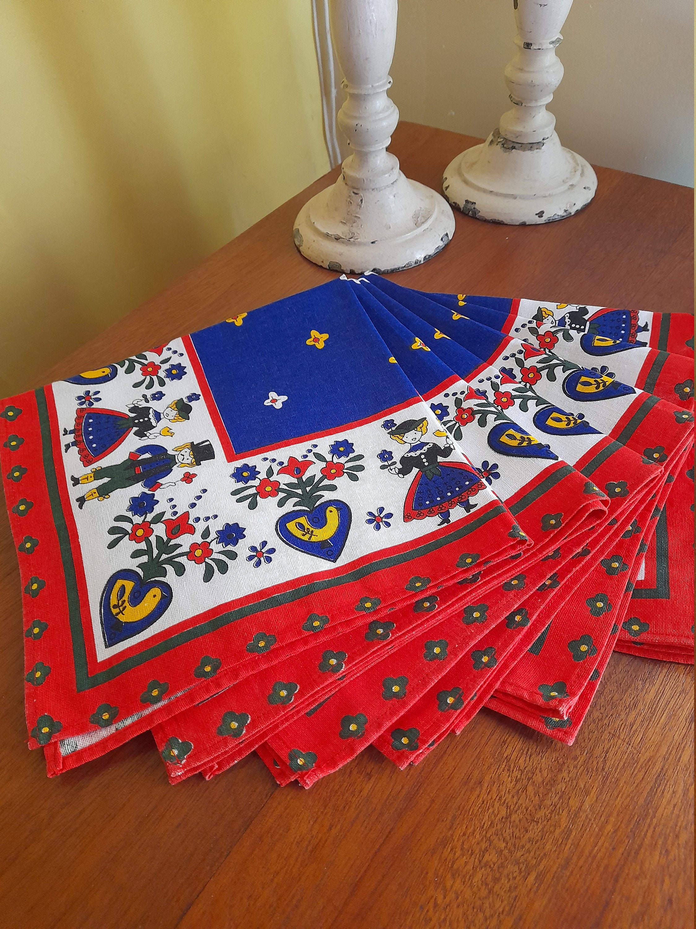 Six Serviettes Alsace, de Table, Coton, Rouge, Blanc et Bleu, Costumes Traditionnels, Français, 46, 