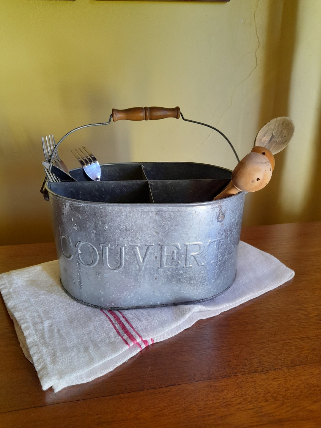 Vintage Zinc Cutlery Carrier, Couverts French Utensil, Wooden Handle