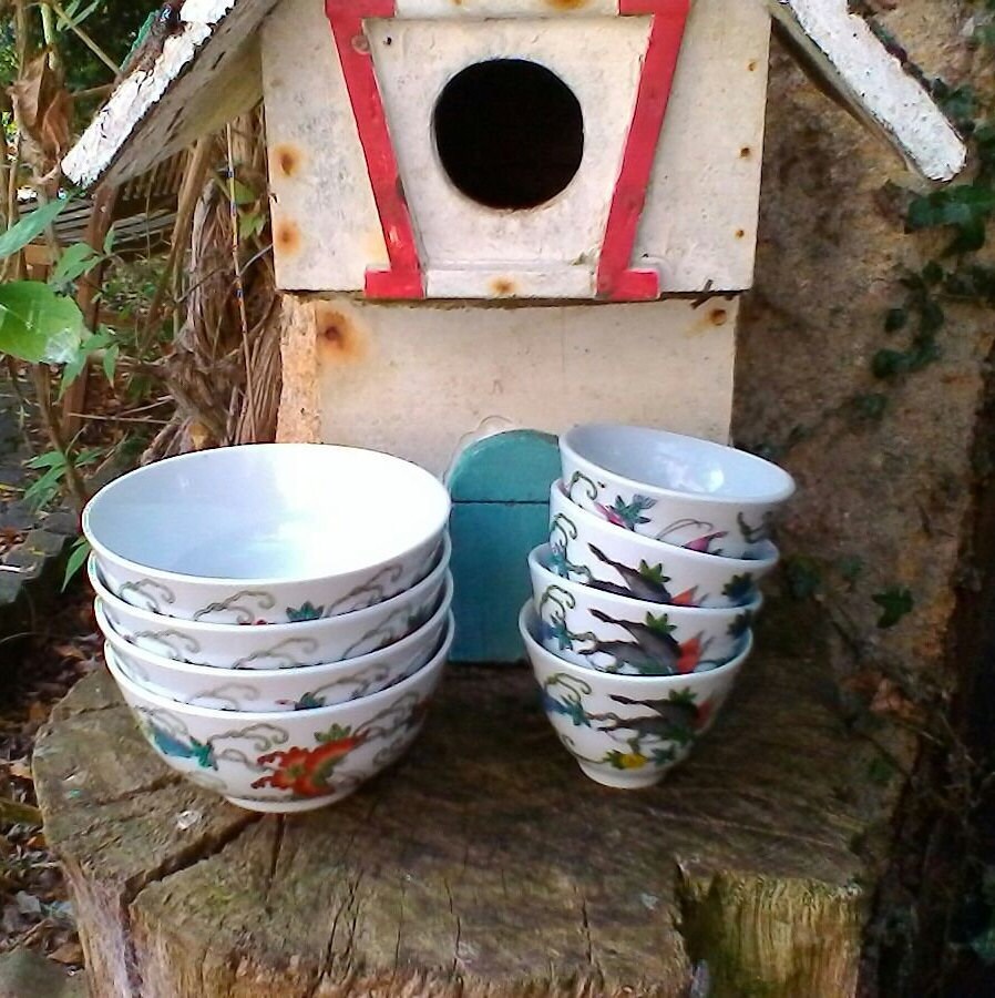 Ensemble de 4 Bols Riz Floral et Tasses - Ensemble Chinois Cru