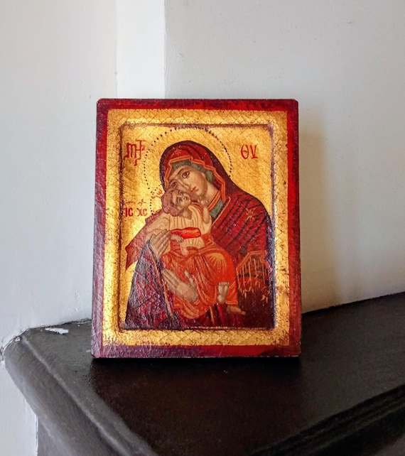 Hand painted byzantine icon, Virgin of tenderness with infant Jesus, on canvas applied to old wood, certificate on reverse